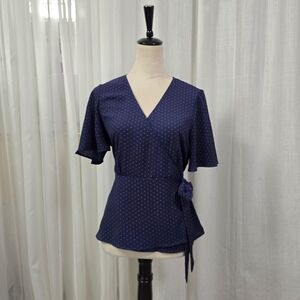 2/$30 Meraki Navy Wrap‎ Top Red Polka Dots Womens Size XL Flutter Sleeves Office